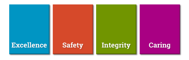 Core Values: Excellence, Safety, Integrity, Caring